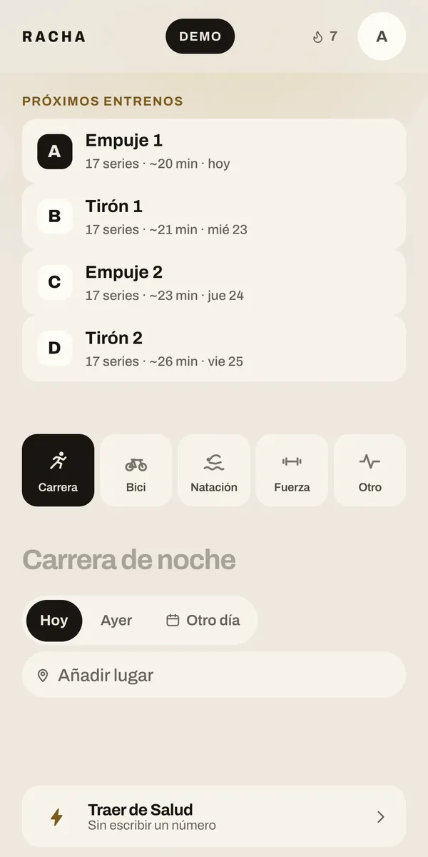 Racha home screen: the next four sessions of the plan and buttons to log a run, ride, swim or strength session.
