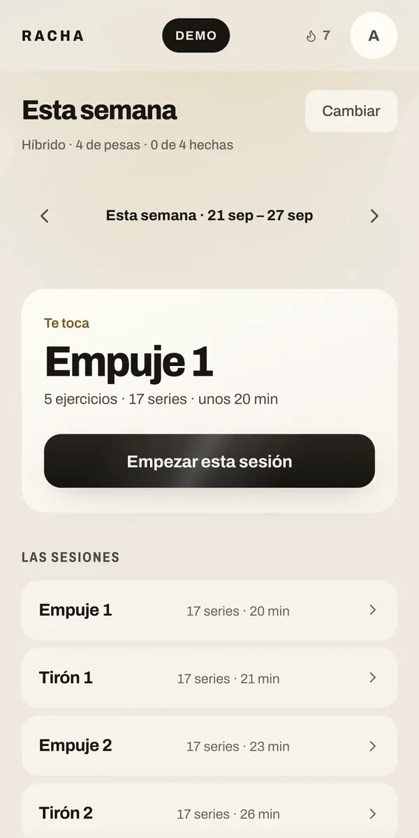 Racha plan: this week’s session, Push 1, with a button to start it.